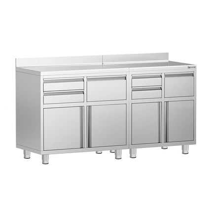 GGM Gastro Commercial Stainless Steel Coffee Station & Worktop Floor Cupboard - for Coffee Machine - 1800x600mm - with 4 Drawers, 2 Doors, 2 Tilting Knockout Drawers - with Rear Upstand