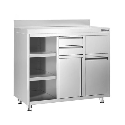GGM Gastro Commercial Stainless Steel Coffee Station & Worktop Floor Cupboard - for Coffee Machine - 1200x600mm - Hinged Door - Upstand - 2 Drawers - Waste Chute - Tilt-out Waste Bin - Adjustable Shelves on the Left Side