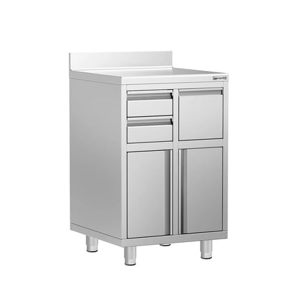GGM Gastro Commercial Stainless Steel Coffee Station & Worktop Floor Cupboard - for Coffee Machine - 600x600mm - with 2 Drawers, 1 Door, 1 Tilting Knockout Drawer - with Rear Upstand