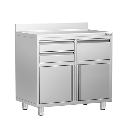 GGM Gastro Commercial Stainless Steel Coffee Station & Worktop Floor Cupboard - for Coffee Machine - 1000x600mm - with 2 Drawers, 1 Door, 1 Tilting Knockout Drawer - with Rear Upstand