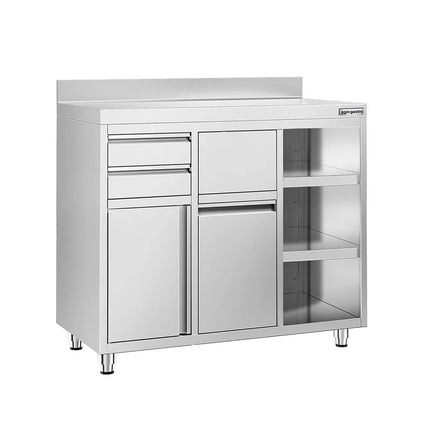GGM Gastro Commercial Stainless Steel Coffee Station & Worktop Floor Cupboard - for Coffee Machine - 1200x600mm - Hinged Door - Upstand - 2 Drawers - Waste Chute - Tilt-out Waste Bin - Adjustable Shelves on the Right Side