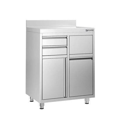 GGM Gastro Commercial Stainless Steel Coffee Station & Worktop Floor Cupboard - for Coffee Machine - 800x600mm - Hinged Door - Upstand - 2 Drawers - Waste Chute - Tilt-out Waste Bin