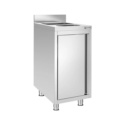 GGM Gastro Commercial Stainless Steel Hand Wash Sink Cabinet - 400x600 mm - Base Cupboard - 1 Sink - Built-in Waste Chute - 1 Waste Bin - Rear Upstand