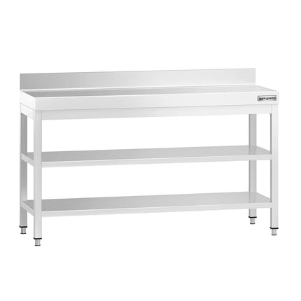GGM Gastro Commercial Stainless Steel Table with Upstand PREMIUM - 1500x700mm - with Undershelf - with Rear Upstand - with Additional Undershelf (mid-shelf)