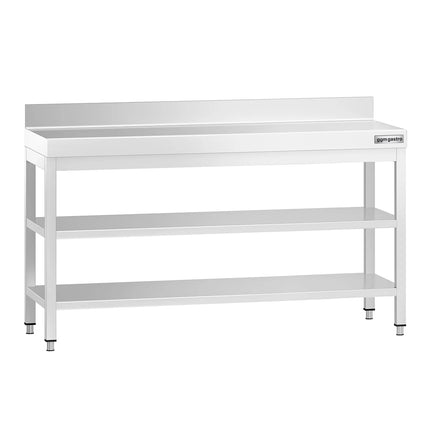 GGM Gastro Commercial Stainless Steel Table with Upstand PREMIUM - 1600x600mm - with Undershelf - with Rear Upstand - with 2 Undershelves - with Additional Undershelf (mid-shelf) - with Cross Bracing