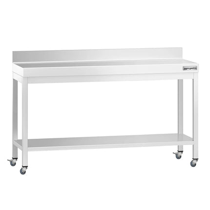 GGM Gastro Commercial Stainless Steel Table with Upstand PREMIUM - 1600x800mm - with Undershelf - with Rear Upstand - with Additional Undershelf (mid-shelf) - with Wheels