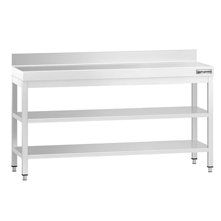 GGM Gastro Commercial Stainless Steel Table with Upstand PREMIUM - 1800x600mm - with Undershelf - with Additional Undershelf (mid-shelf) - with Rear Upstand