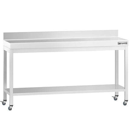 GGM Gastro Commercial Stainless Steel Table with Upstand PREMIUM - 2000x800mm - with Undershelf - with Rear Upstand - with Additional Undershelf (mid-shelf) - with Wheels