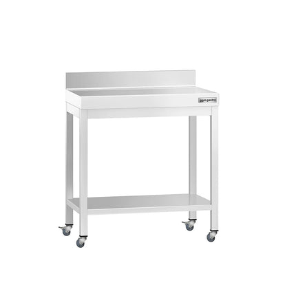 GGM Gastro Commercial Stainless Steel Table with Upstand PREMIUM - 600x600mm - with Undershelf - with Rear Upstand - with Wheels
