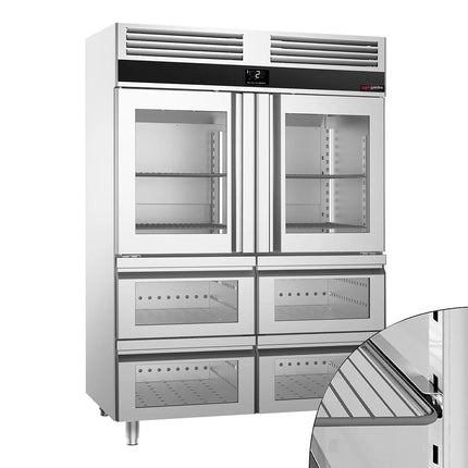 GGM Gastro Commercial Upright Display Fridge Stainless steel PREMIUM - GN 2/1 - 1400L - with 2 glass doors & 4 drawers