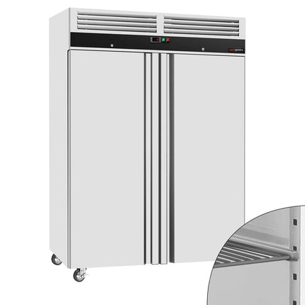GGM Gastro Commercial Upright Freezer Stainless steel ECO - 1200L - with 2 doors & Support grids & Stainless steel rails - On castors