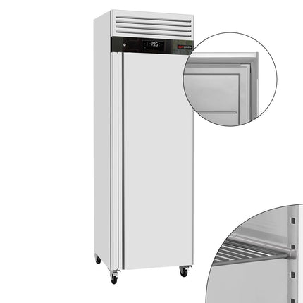 GGM Gastro Commercial Upright Freezer Stainless steel ECO - 600L - with 1 door & Stainless steel rails & support grids - On castors
