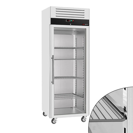 GGM Gastro Commercial Upright Freezer Stainless steel ECO - GN 2/1 - 700L - with 1 glass door & Support grids & stainless steel rails - On castors