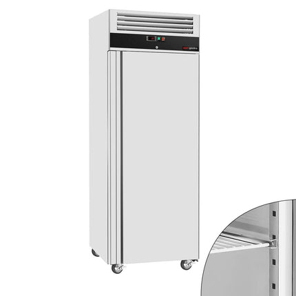 GGM Gastro Commercial Upright Freezer Stainless steel ECO - GN 2/1 - with 1 door & Support grids & Stainless steel rails - On castors