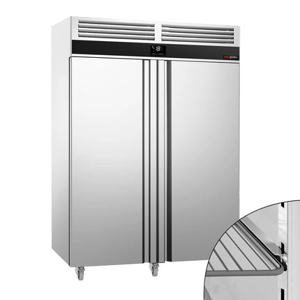 GGM Gastro Commercial Upright Freezer Stainless steel PREMIUM - GN 2/1 - 1400L - with 2 doors - On castors - For UK