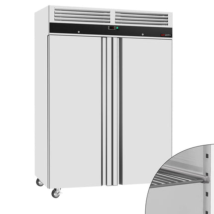 GGM Gastro Commercial Upright Fridge Stainless steel ECO - GN 2/1 - 1400L - with 2 doors & Rails & support grids - On castors