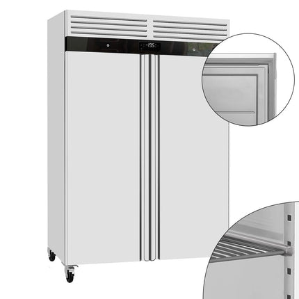 GGM Gastro Commercial Upright Fridge Stainless steel ECO - GN 2/1 - 1400L - with 2 doors & Rails & support grids - On castors - Plastic inner door lining