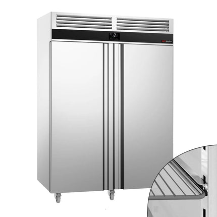 GGM Gastro Commercial Upright Fridge Stainless steel PREMIUM - GN 2/1 - 1400L - with 2 doors - On castors - For UK