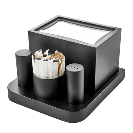 GGM Gastro Complete Cruet Set - 4-piece - Stainless steel stand - Stainless steel - with napkin dispenser - napkins, salt & pepper, toothpicks - Height: 200mm - Black