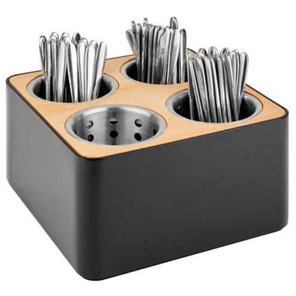 GGM Gastro Condiment & Cutlery Holder - 270x270mm - Height: 150mm - Stainless steel; Wood; SAN - incl. 4 stainless steel holders - Black