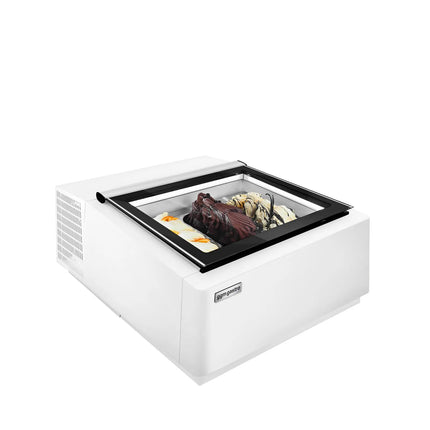 GGM Gastro Countertop Ice Cream Display Freezer - 670mm - Static cooling - for 3 x 5 litres Napoli pans - White - hinged glass lid
