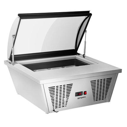 GGM Gastro Countertop Ice Cream Display Freezer - 867mm - Static cooling - with LED lighting - for 4 x 5 litres Napoli pans - hinged glass lid