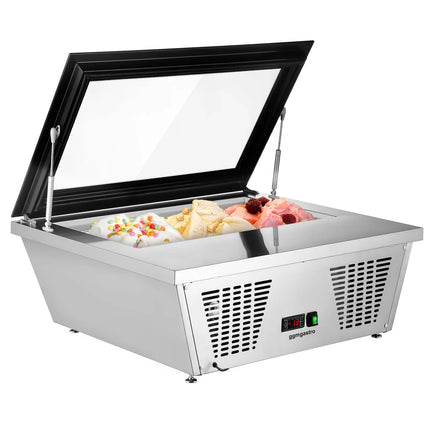 GGM Gastro Countertop Ice Cream Display Freezer - 867mm - Static cooling - with LED lighting - for 4 x 5 litres Napoli pans - hinged glass lid