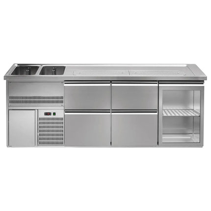 GGM Gastro Direct Draw Beer Dispenser / Kegerator 1 Glass Door + 4 Drawers PREMIUM – 2 sinks left - 2500×700 mm - 3 drip trays