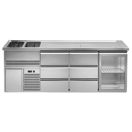 GGM Gastro Direct Draw Beer Dispenser / Kegerator 1 Glass Door + 6 Drawers PREMIUM – 2 sinks left - 2500×700 mm - 3 drip trays