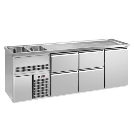 GGM Gastro Direct Draw Beer Dispenser / Kegerator 1 Stainless Door + 4 Drawers PREMIUM – 2 sinks left - 2500×700 mm - 3 drip trays