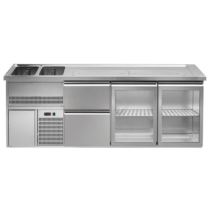 GGM Gastro Direct Draw Beer Dispenser / Kegerator 2 Glass Doors + 2 Drawers PREMIUM – 2 sinks left - 2500×700 mm - 3 drip trays