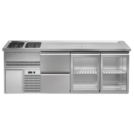 GGM Gastro Direct Draw Beer Dispenser / Kegerator 2 Glass Doors + 2 Drawers PREMIUM – 2 sinks left - 2500×700 mm - 3 drip trays