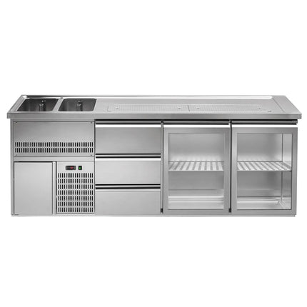 GGM Gastro Direct Draw Beer Dispenser / Kegerator 2 Glass Doors + 3 Drawers PREMIUM – 2 sinks left - 2500×700 mm - 3 drip trays