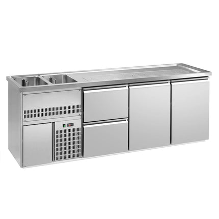 GGM Gastro Direct Draw Beer Dispenser / Kegerator 2 Stainless Doors + 2 Drawers PREMIUM – 2 sinks left - 2500×700 mm - 3 drip trays