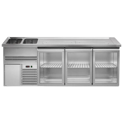 GGM Gastro Direct Draw Beer Dispenser / Kegerator 3 Glass Doors PREMIUM – 1 sink left - 2500×700 mm - 3 drip trays