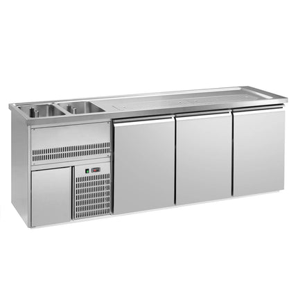 GGM Gastro Direct Draw Beer Dispenser / Kegerator 3 Stainless Doors PREMIUM – 2 sinks left - 2500×700 mm - 3 drip trays
