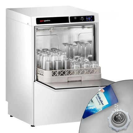 GGM Gastro Double-skinned Undercounter Commercial Dishwasher - 500mm Basket - Touch Controls - 3.6kW - with Integrated Water Softener - with Drain, Rinse Aid & Detergent Pumps