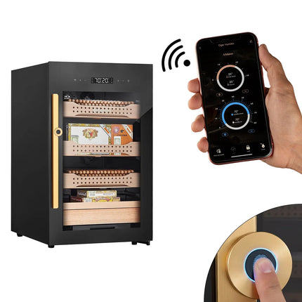 GGM Gastro Electric Cigar Humidor Cabinet - with Biometric Fingerprint Lock & WiFi & Bluetooth App Control - 113L - up to 850 cigars - 4 cedar drawers - LED lighting - double-glazed glass - touch-control display - constant humidity & temperature control