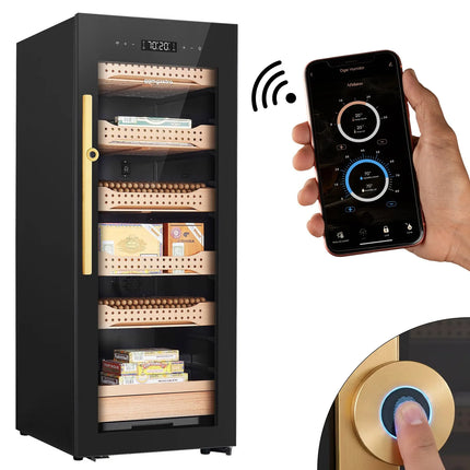 GGM Gastro Electric Cigar Humidor Cabinet - with Biometric Fingerprint Lock & WiFi & Bluetooth App Control - 200L - up to 1200 cigars - 6 cedar drawers - LED lighting - double-glazed glass - touch-control display - constant humidity & temperature control