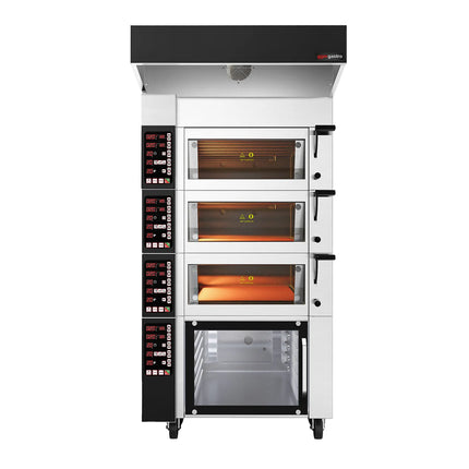 GGM Gastro Electric Commercial Bakery Deck Oven with Steam Injection - Digital Controls - 3 Baking Chambers - 2x 600x400mm (EN 60x40) or 600x800mm - with Prover Cabinet & Hood