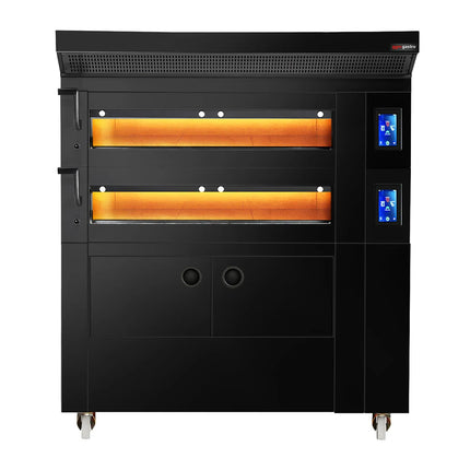 GGM Gastro Electric Commercial Bakery Deck Oven with Steam Injection - Touchscreen Controls - 2 Baking Chambers - Black - with Prover Cabinet & with Hood