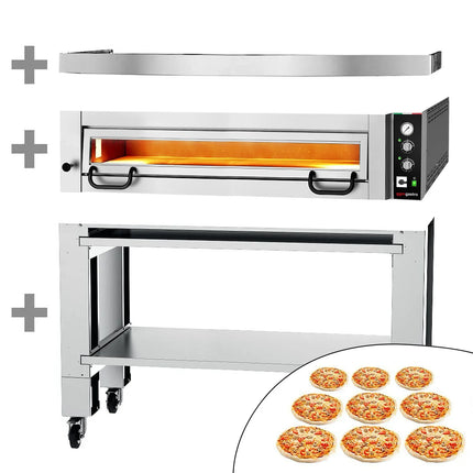 GGM Gastro Electric Deck Pizza Oven - Single Deck - Refractory Stone Deck - 9 x Ø 34cm (34 cm) - 230V 3 Phase - Mechanical Controls - up to 450°C - incl. Hood & Base frame