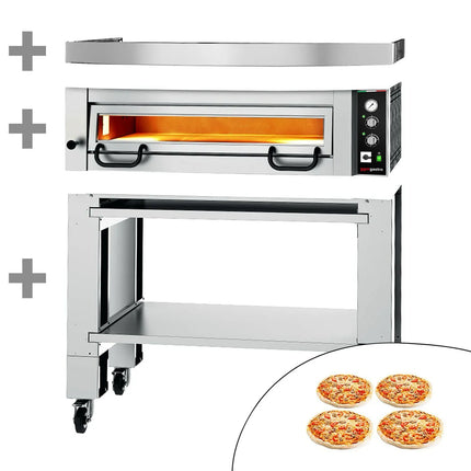 GGM Gastro Electric Deck Pizza Oven - Single Deck - Refractory Stone Deck - 4 x Ø 34cm (33 cm) - Mechanical Controls - up to 450°C - incl. Hood & Base frame