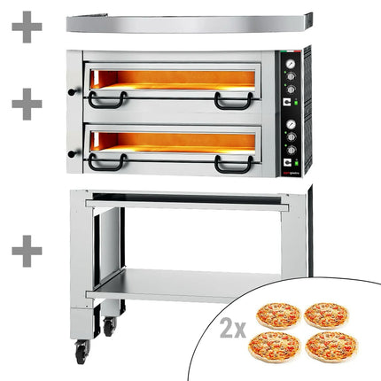 GGM Gastro Electric Deck Pizza Oven - Twin Deck - Refractory Stone Deck - 4+4 x Ø 34cm (34 cm) - 230V 3 Phase - Mechanical Controls - up to 450°C - incl. Hood & Base frame