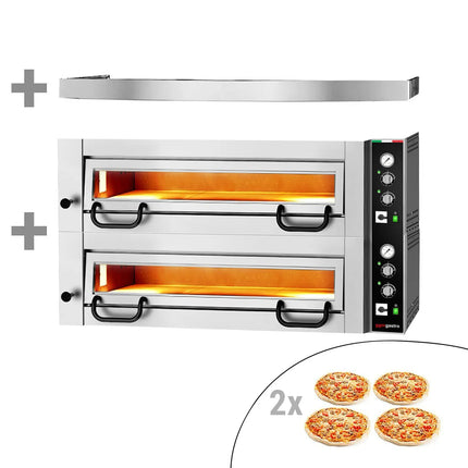 GGM Gastro Electric Deck Pizza Oven - Twin Deck - Refractory Stone Deck - 4+4 x Ø 34cm (34 cm) - 230V 3 Phase - Mechanical Controls - up to 450°C - incl. Hood