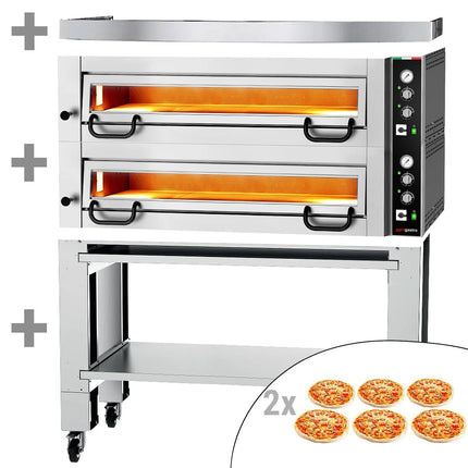 GGM Gastro Electric Deck Pizza Oven - Twin Deck - Refractory Stone Deck - 6+6 - Ø 34cm (34 cm) - 230V 3 Phase - Mechanical Controls - up to 450°C - incl. Hood & Base frame