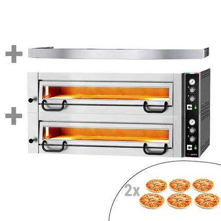 GGM Gastro Electric Deck Pizza Oven - Twin Deck - Refractory Stone Deck - 6+6 x Ø 34cm (34 cm) - 230V 3 Phase - Mechanical Controls - up to 450°C - incl. Hood