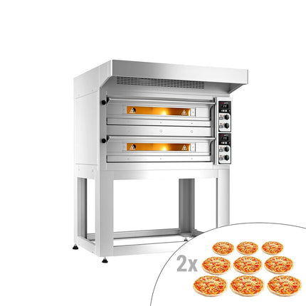 GGM Gastro Electric Deck Pizza Oven - Twin Deck - Refractory Stone Deck - 9+9 - Ø 33cm (33 cm) - Mechanical Controls - incl. Stainless steel hood & Base frame