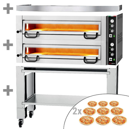 GGM Gastro Electric Deck Pizza Oven - Twin Deck - Refractory Stone Deck - 9+9 x Ø 34cm (34 cm) - 230V 3 Phase - Mechanical Controls - up to 450°C - incl. Hood & Base frame