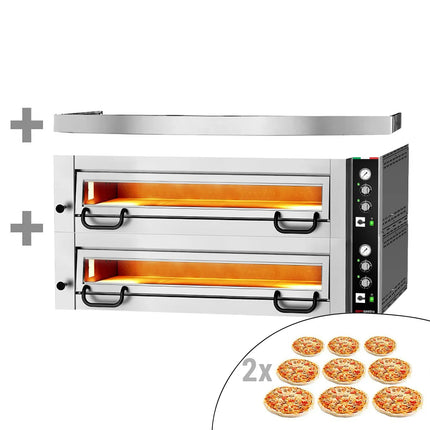 GGM Gastro Electric Deck Pizza Oven - Twin Deck - Refractory Stone Deck - 9+9 x Ø 34cm (34 cm) - 230V 3 Phase - Mechanical Controls - up to 450°C - incl. Hood
